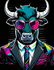 Digital artistic decorative illustration of a bull dressed in a suit in black, red, and turquoise tones in a pop art style, room decoration in modern houses