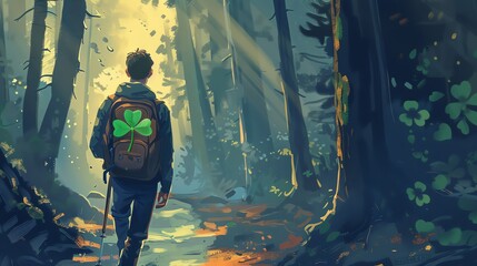 Illustration of a fourleaf clover clipped to a backpack, hiking through a forest trail, dappled light and towering trees surrounding the path