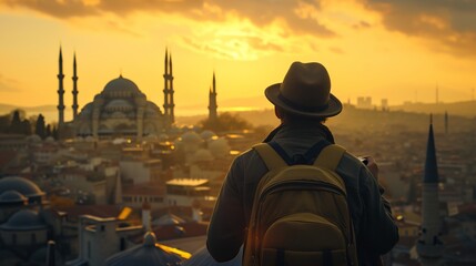 a man with a backpack and hat looking at the sunset over a city