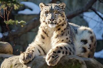 Powerful Snow leopard sitting. Face animal. Generate Ai