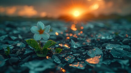   A small white flower atop shattered glass, against a sunset backdrop - obrazy, fototapety, plakaty
