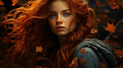 a woman with long red hair and blue eyes is surrounded by leaves