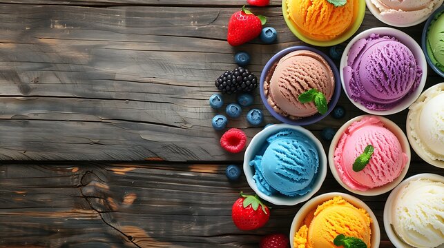 From Above Of Bowls With Assorted Colorful Scoops Of Ice Cream Served On Wooden Table