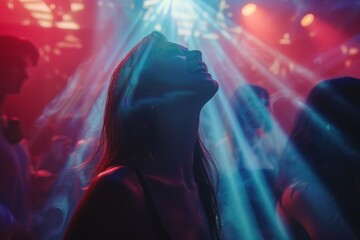 Young women having fun at a party in neon red and blue light in a twilight atmosphere among people - Powered by Adobe