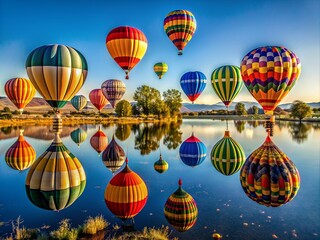 the reflection of the hot air balloons in the water.