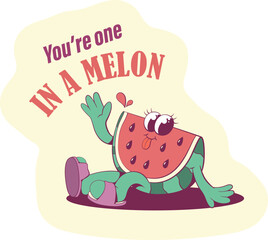 Retro groovy watermelon mascot sticker