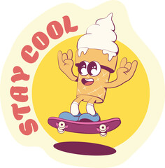Retro groovy ice-cream mascot character sticker