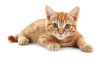 Cute ginger cat sitting and looking at the camera ,isolated on white background