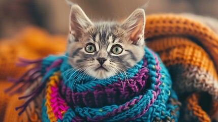 Funny kitten wearing warm sweater and turquoise violet striped scarf