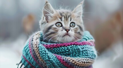 Funny kitten wearing warm sweater and turquoise violet striped scarf