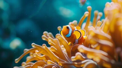 Cute anemone fish playing on the coral reef, beautiful color clownfish on coral reefs, anemones on tropical coral reefs