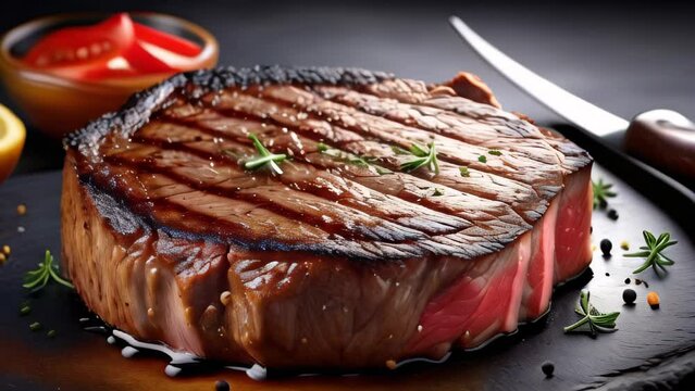 Delicious medium rare grilled barbecue beef steak with rosemary served on wooden board. Steamed beef steak with blood served in luxury restaurant