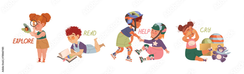 Poster kid character demonstrate action verb and word vector set