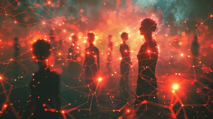 Silhouetted figures interconnected by glowing red neural network patterns - obrazy, fototapety, plakaty