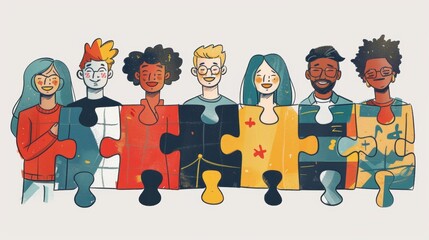 Illustration of Diverse Characters United as Pieces of a Puzzle, Symbolizing Teamwork and Unity