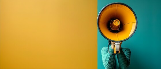 Bold Announcement - Megaphone in Hand with Copy Space. Concept Business Communication, Announcement Strategy, Visual Marketing, Bold Advertising, Megaphone Messaging