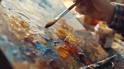 An painters hand with a brush makes brushstrokes with oil paint.