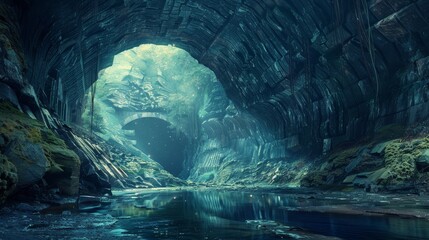 a cave with a river and a bridge - obrazy, fototapety, plakaty