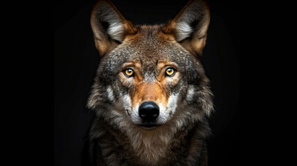 Eye to eye portrait with grey wolf female on black background. Square image. Beautiful and dangerous beast of the forest - obrazy, fototapety, plakaty