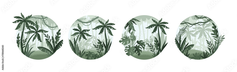 Poster jungle landscape with palm trees in mist in round shape vector set