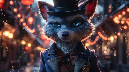   A tight shot of an individual in a top hat and suit, featuring a fox design embellished on the hat's front