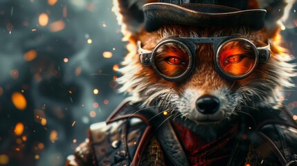   A tight shot of a raccoon donning a hat, goggles, and a leather jacket, against a backdrop of flaming background - obrazy, fototapety, plakaty