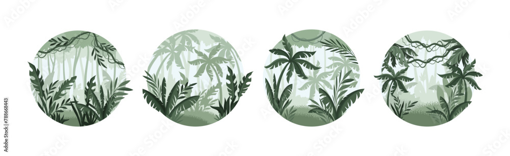 Poster jungle landscape with palm trees in mist in round shape vector set