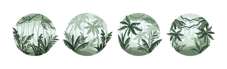 Jungle Landscape with Palm Trees in Mist in Round Shape Vector Set