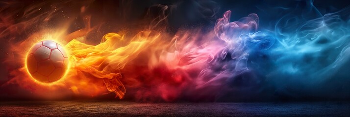 Soccer ball sports fiery dynamic smoke web banner, a dynamic image of a soccer ball with fiery trails, suitable for sports marketing, soccer ball sports fiery dynamic smoke web banner - Powered by Adobe