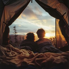 Romantic camping trip: Sunset view from tent