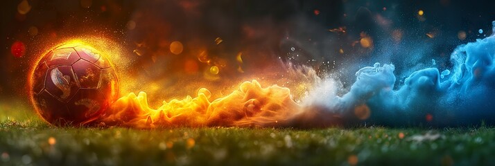 Soccer ball sports fiery dynamic smoke web banner, an intense soccer ball with a fiery aura and smoke, ideal for energetic sports themes, soccer ball sports fiery dynamic smoke web banner