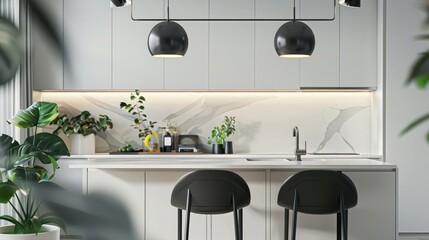 Modern kitchen featuring a white marble island, black pendant lights, and green plant accents.