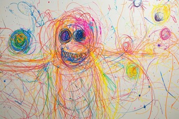 The hand drawing colourful picture of the human that has been drawn by colored pencil, crayon or chalk on the white blank background that seem to be drawn by the child that willing to draw. AIGX01.