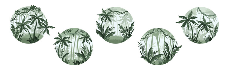 Jungle Landscape with Palm Trees in Mist in Round Shape Vector Set