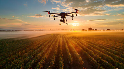 Drone flies over a farm field at sunset
