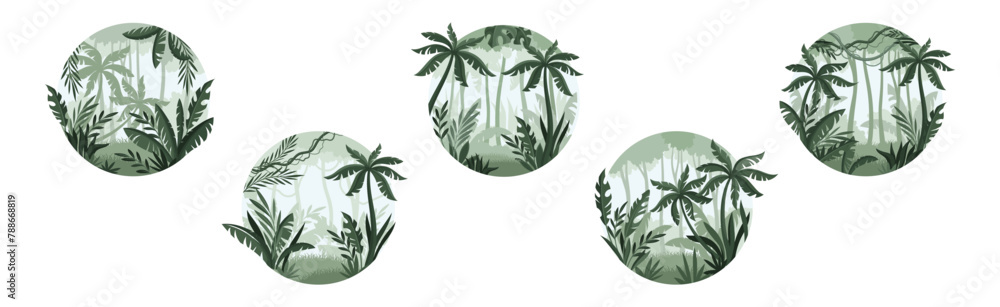 Poster jungle landscape with palm trees in mist in round shape vector set