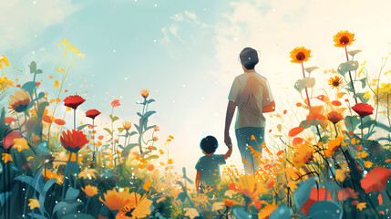 parent and child at the garden in cartoon illustration style  - obrazy, fototapety, plakaty