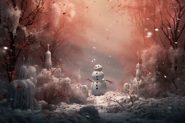 Snowy Snowman winter forest. Frost smile scene. Generate Ai