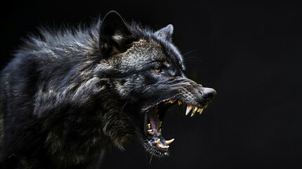 Growling black Wolf studio shot with black background