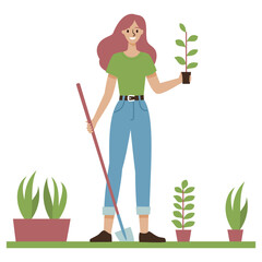 Flat vector illustration. Cute girl planting tree seedlings, doing gardening. Environment protection concept . Vector illustration