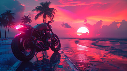 Vaporwave motorcycle, synthwave car, pink sunsut