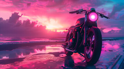 Vaporwave motorcycle, synthwave car, pink sunsut - obrazy, fototapety, plakaty