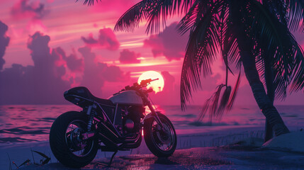 Vaporwave motorcycle, synthwave car, pink sunsut - obrazy, fototapety, plakaty