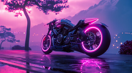 Vaporwave motorcycle, synthwave car, pink sunsut