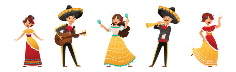 Mexican People Character Wearing Traditional Clothes Playing Musical Instrument and Dancing Vector Set