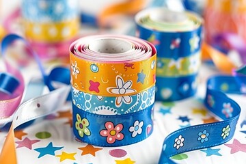Fototapeta na wymiar Crafting a Rainbow: Colorful and Patterned Decorative Tapes, Essential for Creative Projects and Decoration, Generative AI