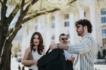 Stylish business associates engage in a productive outdoor meeting, exchanging innovative ideas for company success.