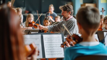 A group of musicians are performing on string instruments, specifically the violin family, in a...