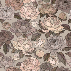 Seamless pattern with beautiful peony flowers, beige color palette. Botany. Vector illustration of floral decoration for print.