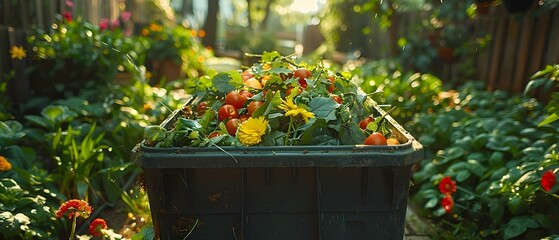 Sun-kissed Compost Harmony: A Symphony of Scraps. Concept Eco-friendly Gardening, Composting Tips, Sustainable Practices, Plant Care, Organic Fertilizers - obrazy, fototapety, plakaty